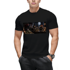 Straight-on model view of a men's T-shirt with vintage Cat & Mouse Run design