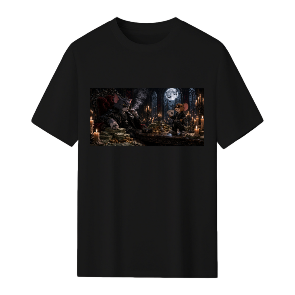 Straight-on product view of a men's T-shirt with vintage Cat & Mouse Run front graphic