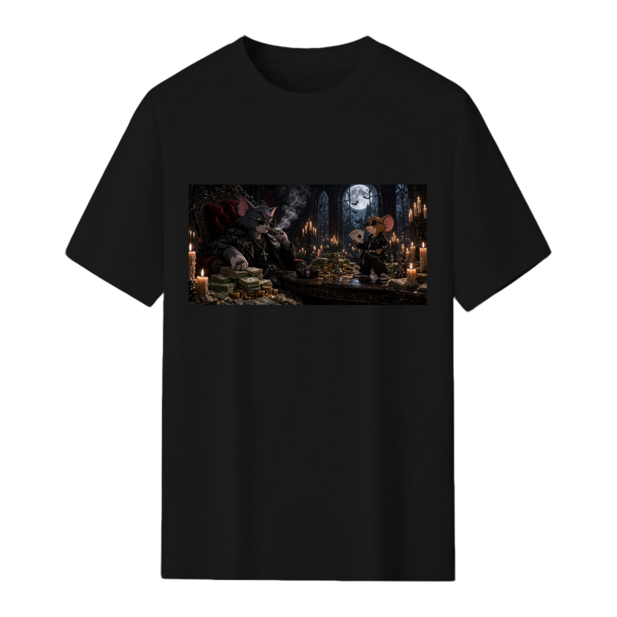 Straight-on product view of a men's T-shirt with vintage Cat & Mouse Run front graphic