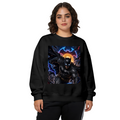 Women's crewneck sweatshirt seen on a model, its front graphic depicting a winged masked figure leaping amid electric bolts