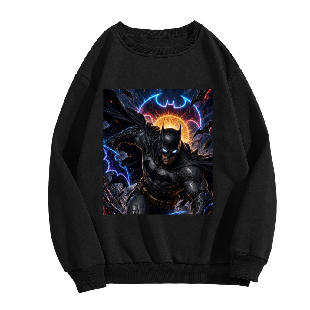 Front garment photograph: women's crewneck sweatshirt decorated with a winged masked figure leaping amid electric bolts