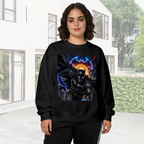 A winged masked figure leaping amid electric bolts visible on a women's crewneck sweatshirt in an outdoor front model view