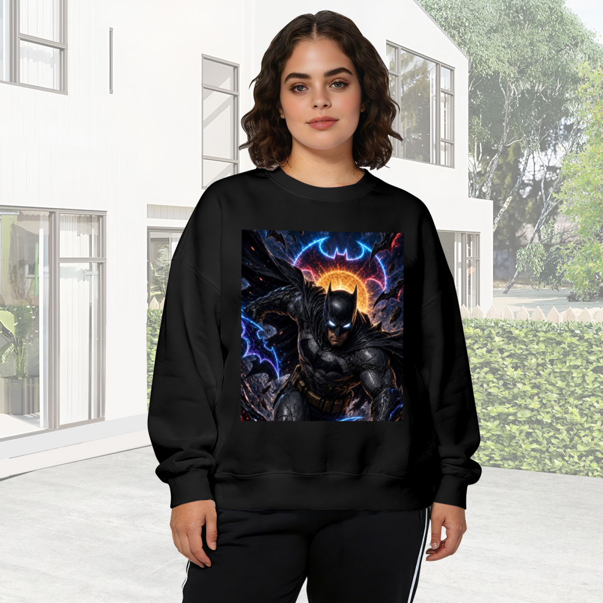 A winged masked figure leaping amid electric bolts visible on a women's crewneck sweatshirt in an outdoor front model view