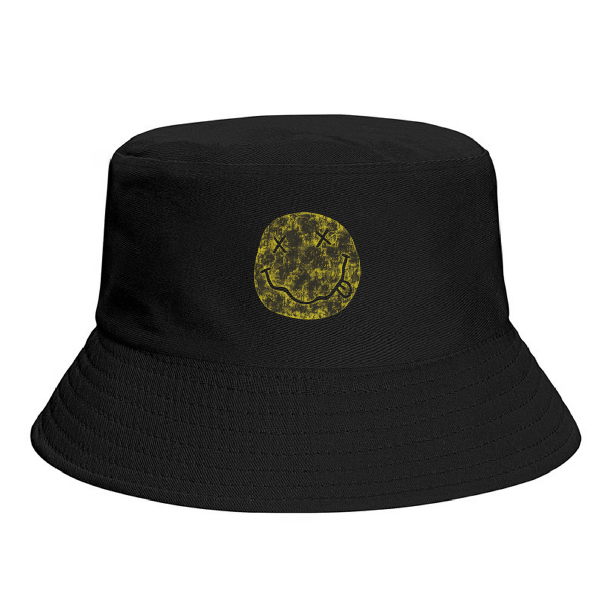 Nirvana Distressed Smiley Face Bucket Hat with distressed Nirvana smiley graphic