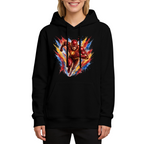 Front-facing model wearing a women's hoodie decorated with a masked runner moving through an explosion of multicolored brushstrokes