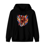A masked runner moving through an explosion of multicolored brushstrokes shown on the front of a women's hoodie in a standalone product shot