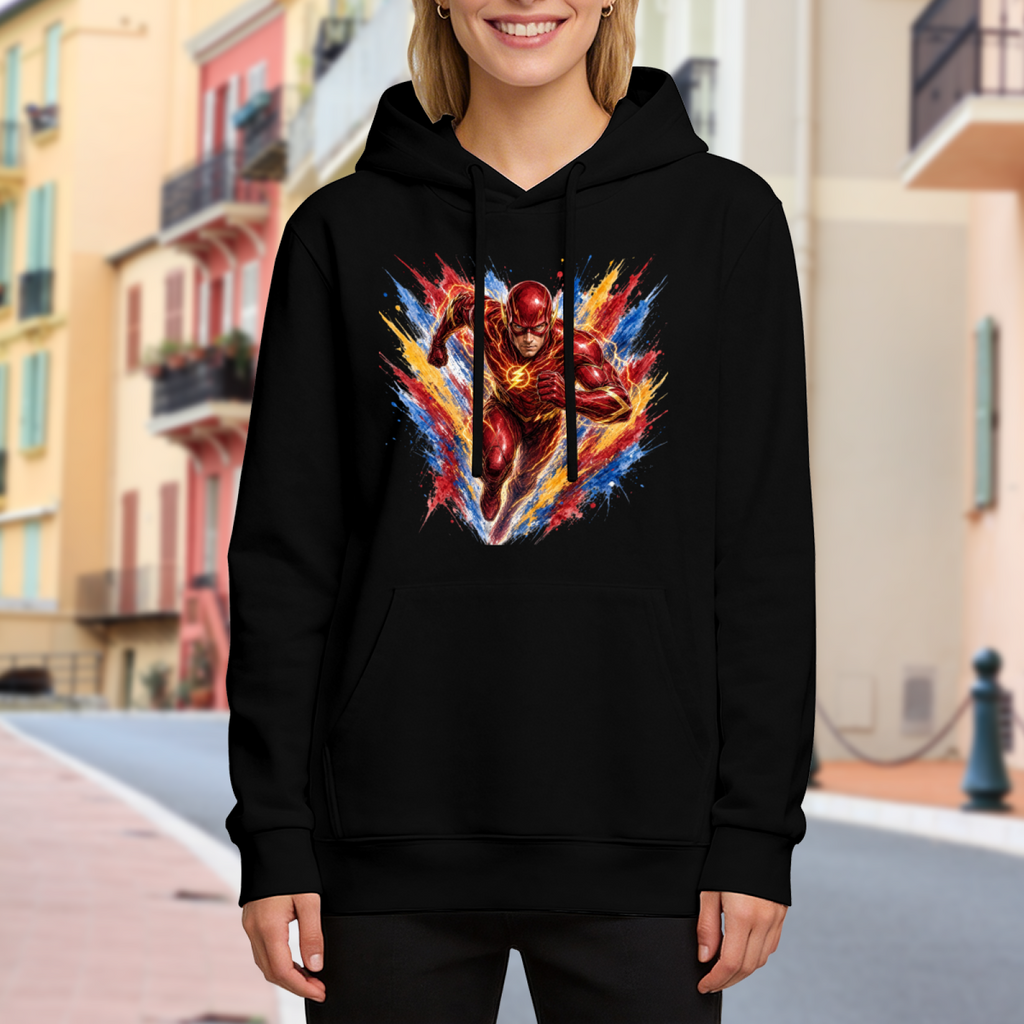 Outdoor photograph of a model in a women's hoodie bearing a masked runner moving through an explosion of multicolored brushstrokes