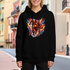 Outdoor photograph of a model in a women's hoodie bearing a masked runner moving through an explosion of multicolored brushstrokes