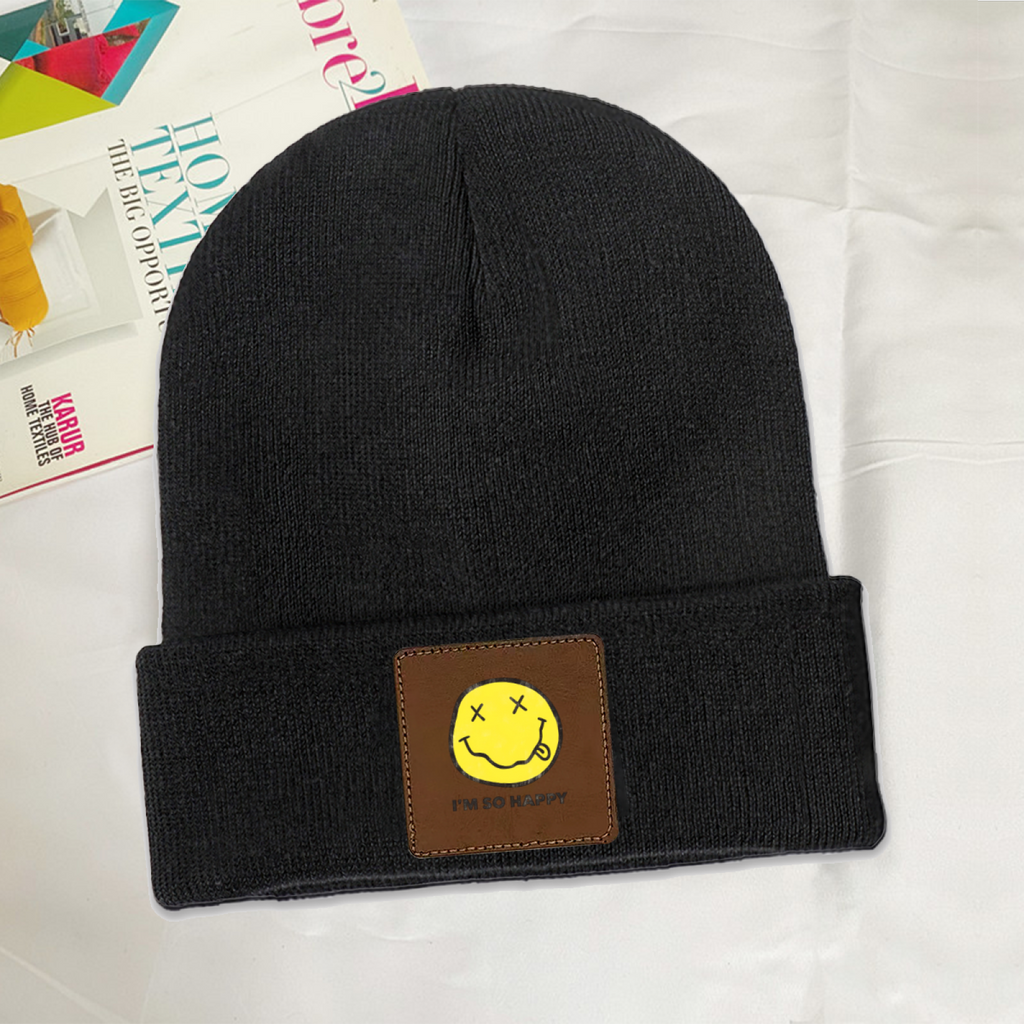 Nirvana I’m So Happy Graphic Square Patch Beanie product image showing square-patch knit beanie design