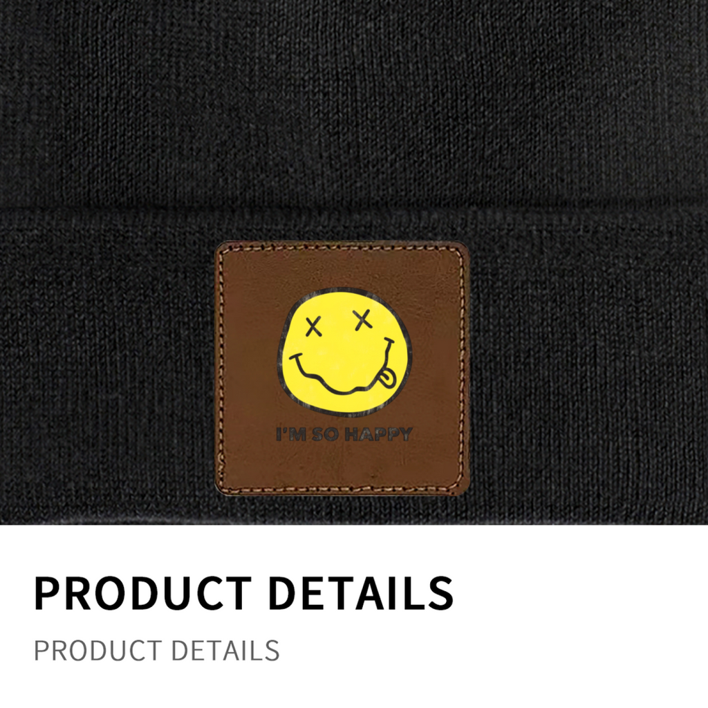 Nirvana I’m So Happy Graphic Square Patch Beanie product image showing square-patch knit beanie design