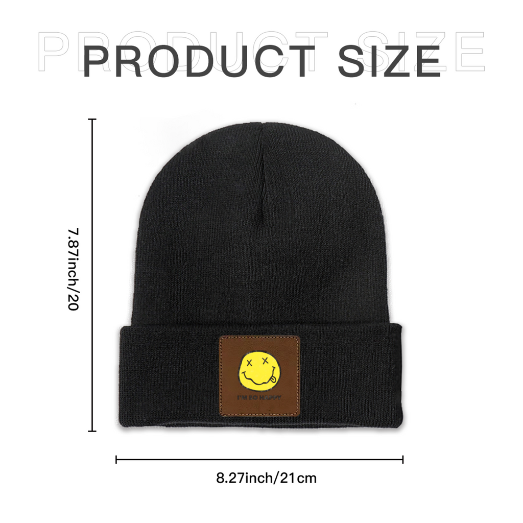 Nirvana I’m So Happy Graphic Square Patch Beanie product image showing square-patch knit beanie design