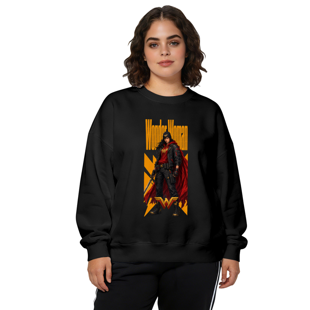 Studio photograph of a model in a women's crewneck sweatshirt showing a caped figure in a street-style stance within a tall poster composition
