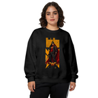 Studio photograph of a model in a women's crewneck sweatshirt showing a caped figure in a street-style stance within a tall poster composition