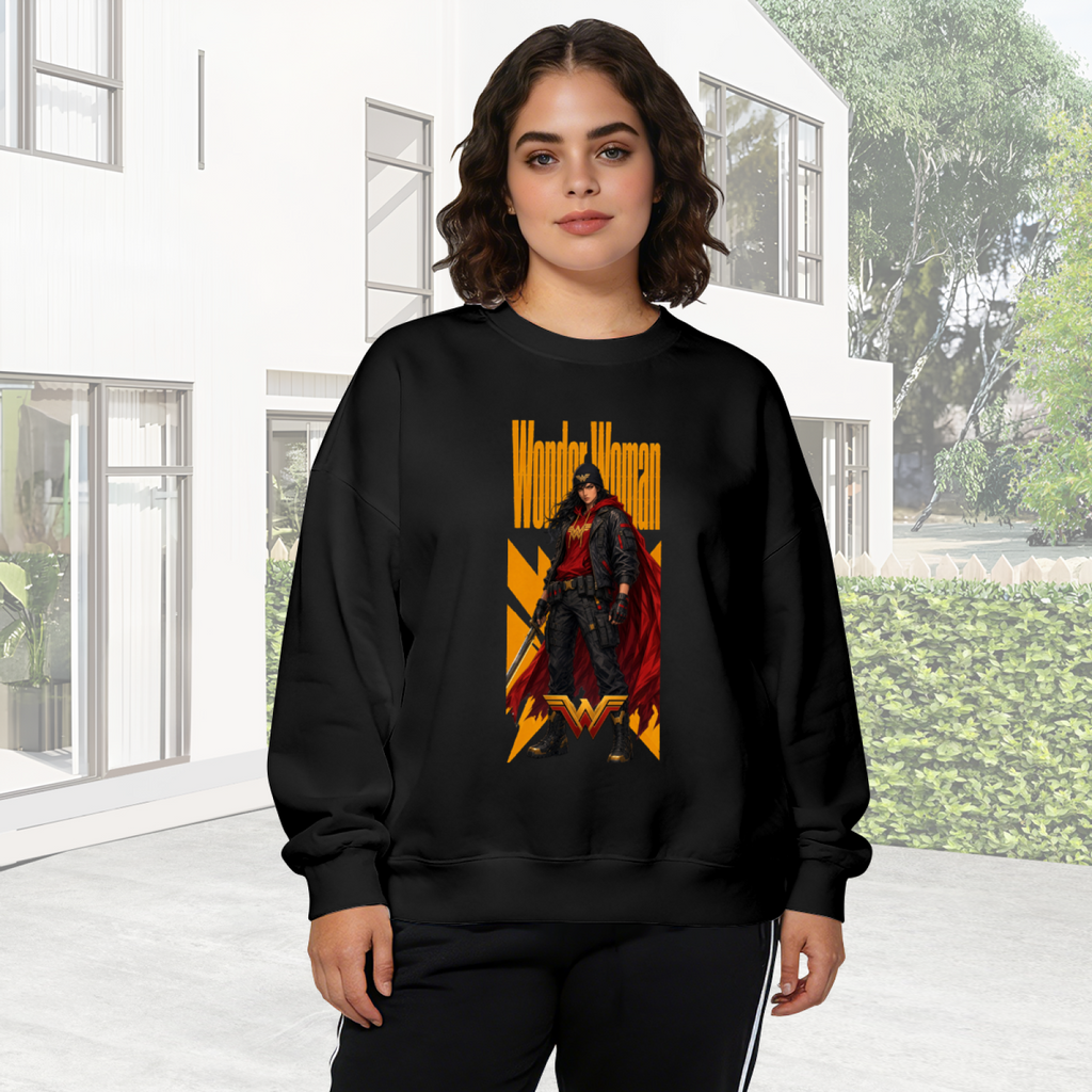 Women's crewneck sweatshirt worn outside, with the camera facing the graphic of a caped figure in a street-style stance within a tall poster composition