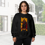 Women's crewneck sweatshirt worn outside, with the camera facing the graphic of a caped figure in a street-style stance within a tall poster composition