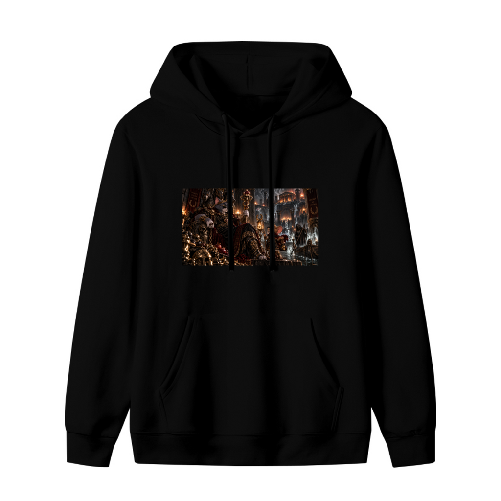 A feline throne scene with gathered figures and warm firelight shown on the front of a women's hoodie in a standalone product shot