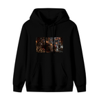 A feline throne scene with gathered figures and warm firelight shown on the front of a women's hoodie in a standalone product shot