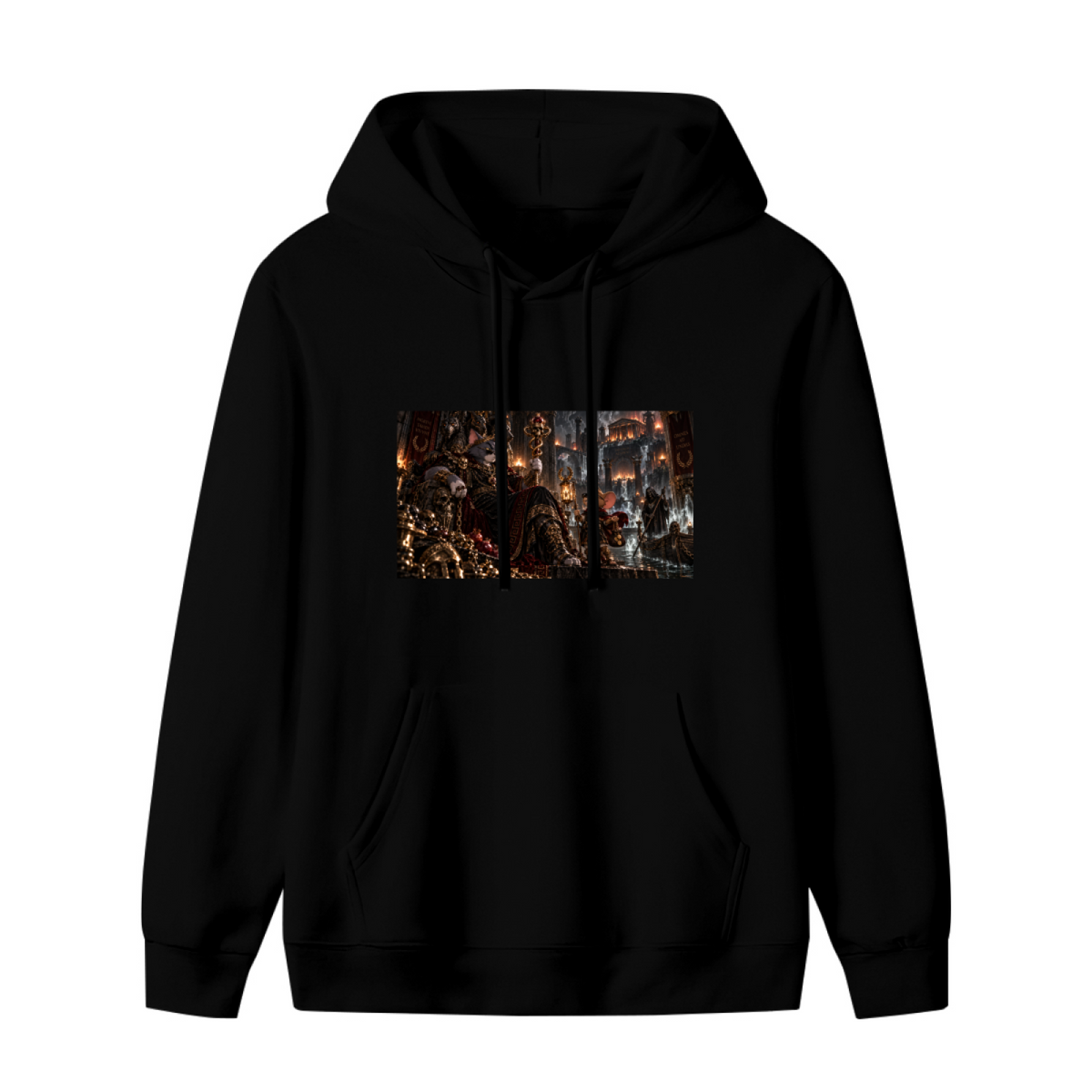 A feline throne scene with gathered figures and warm firelight shown on the front of a women's hoodie in a standalone product shot