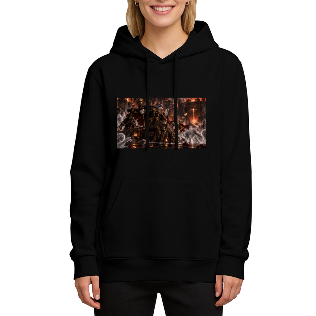 Studio photograph of a model in a women's hoodie showing an armored cat surrounded by flames in a detailed fantasy battle
