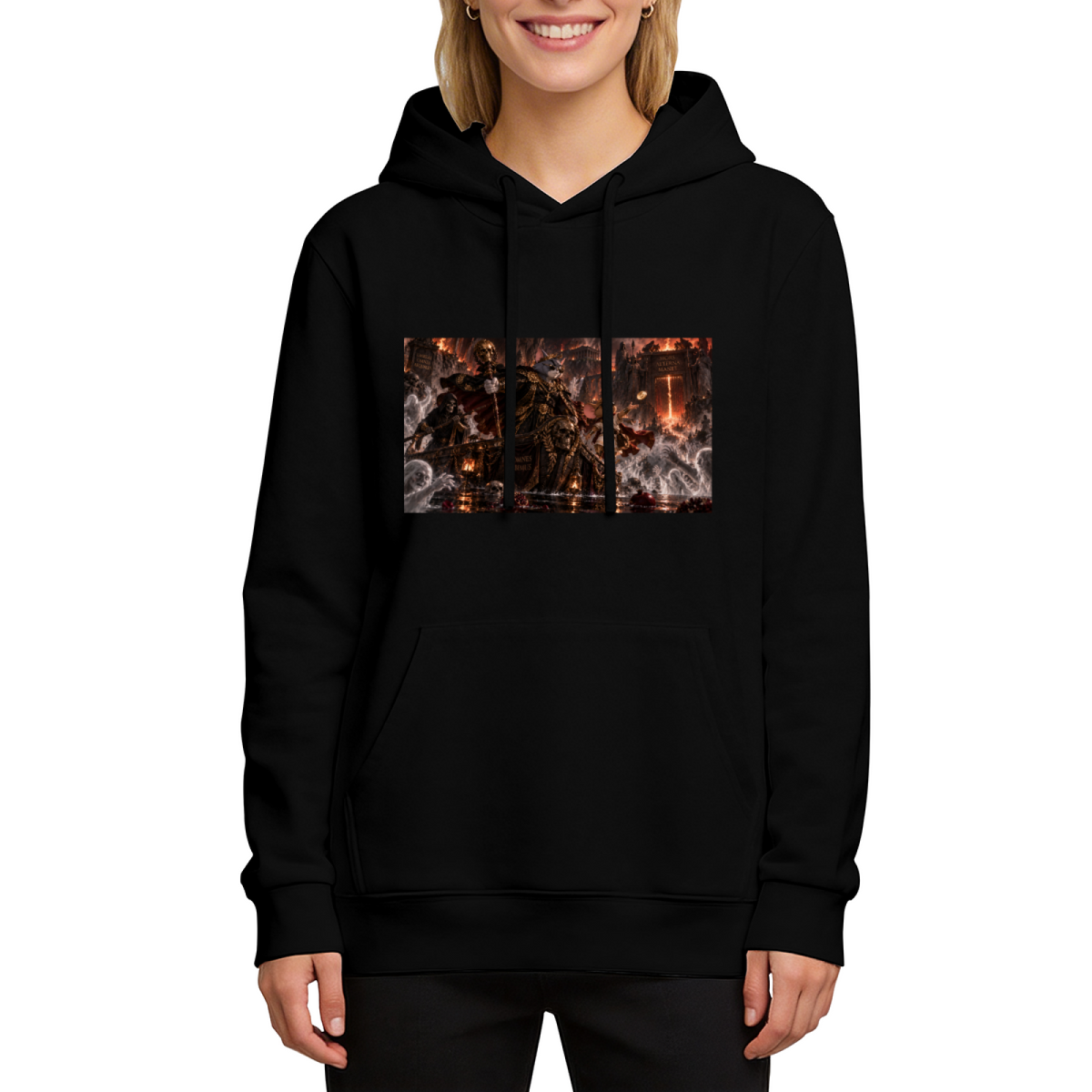 Studio photograph of a model in a women's hoodie showing an armored cat surrounded by flames in a detailed fantasy battle