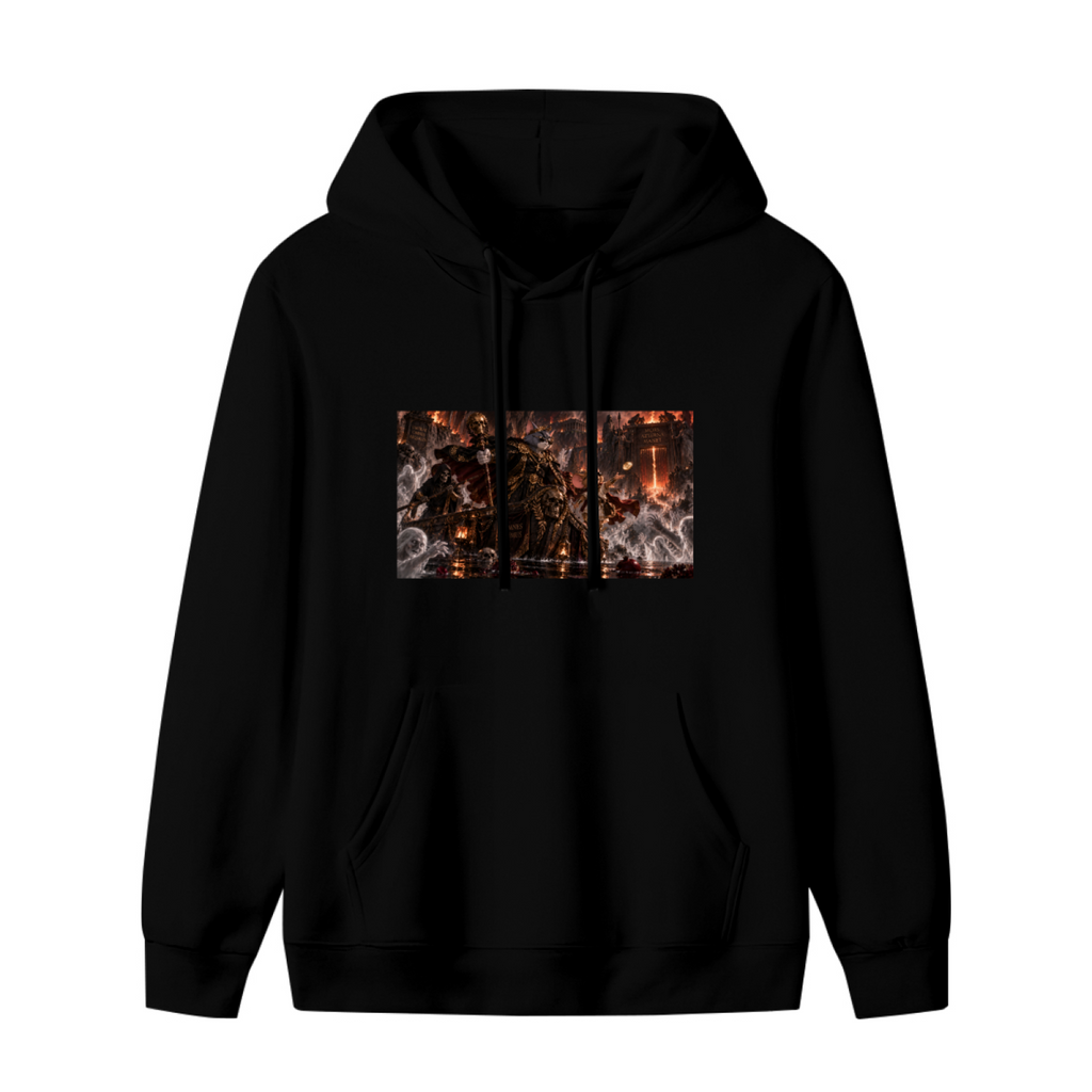 Standalone women's hoodie front displaying a graphic of an armored cat surrounded by flames in a detailed fantasy battle