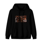 Standalone women's hoodie front displaying a graphic of an armored cat surrounded by flames in a detailed fantasy battle