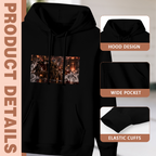 Construction-detail card for the women's A Feline among the Embers hoodie, including the hood, front pouch and cuff edges