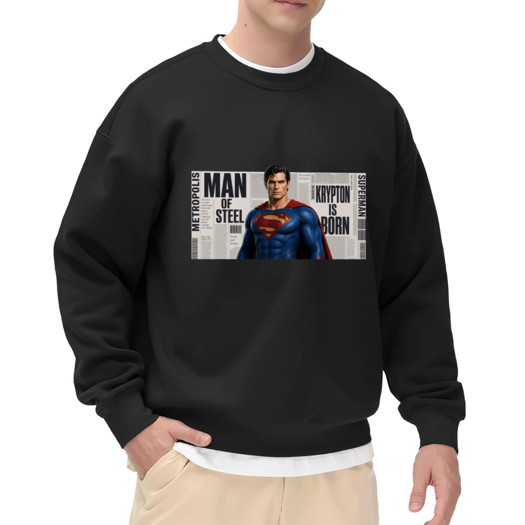 Studio photograph of a model in a men's crewneck sweatshirt showing a classic caped figure posed against a rectangular newspaper-style collage