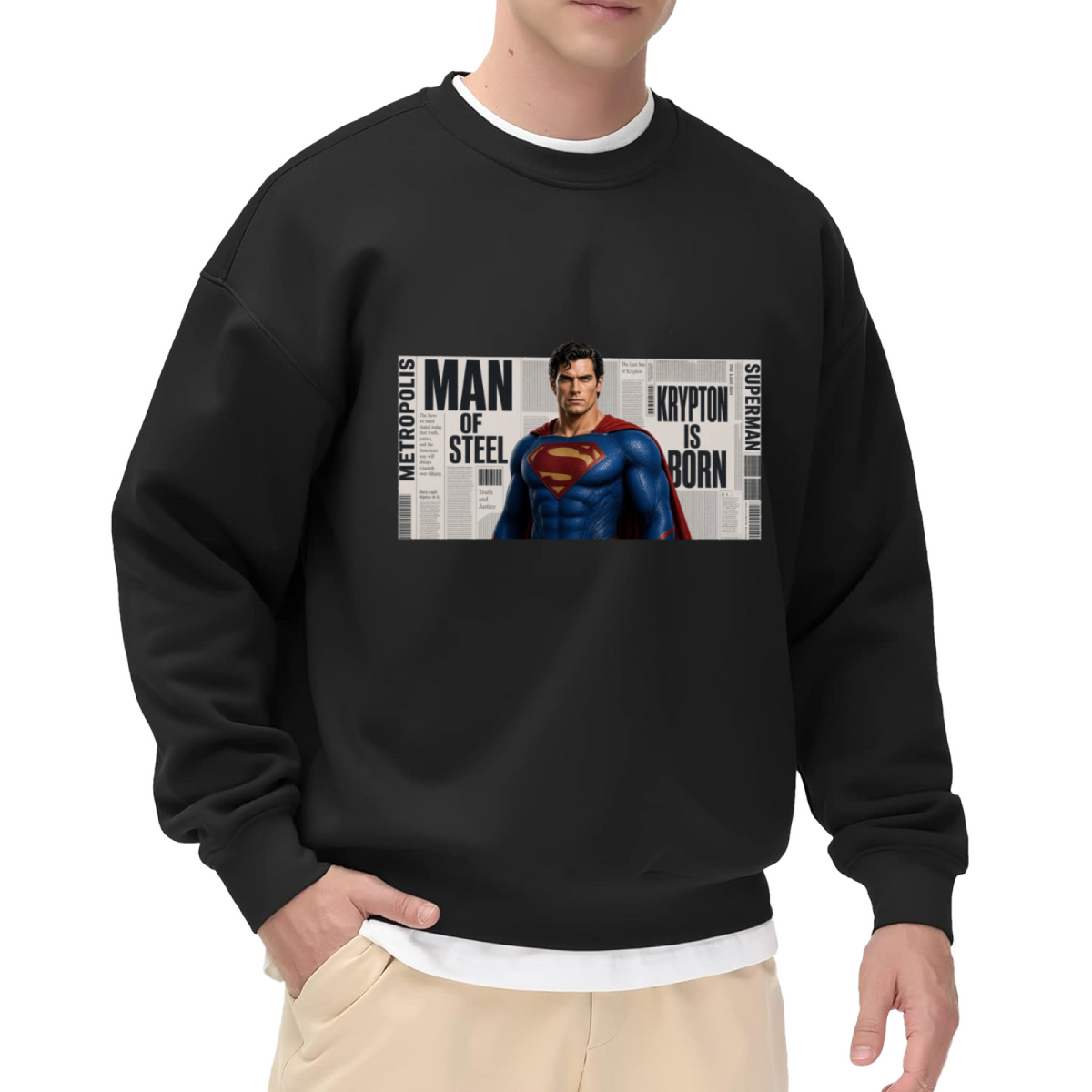 Studio photograph of a model in a men's crewneck sweatshirt showing a classic caped figure posed against a rectangular newspaper-style collage