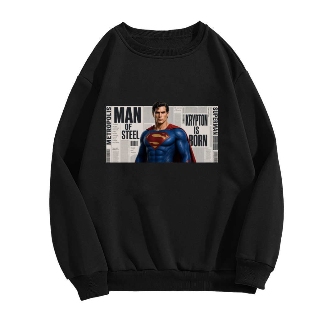 Standalone men's crewneck sweatshirt front displaying a graphic of a classic caped figure posed against a rectangular newspaper-style collage