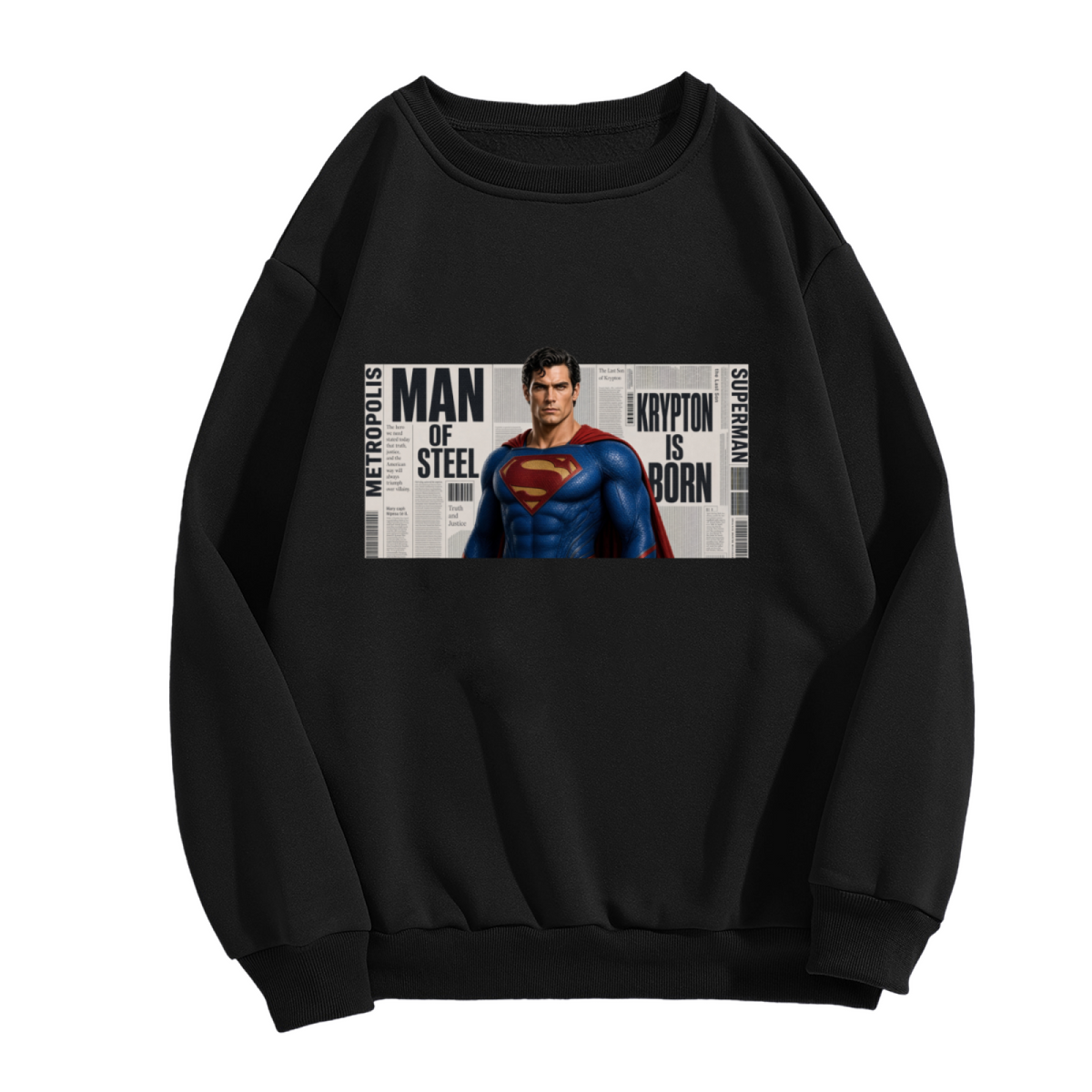 Standalone men's crewneck sweatshirt front displaying a graphic of a classic caped figure posed against a rectangular newspaper-style collage