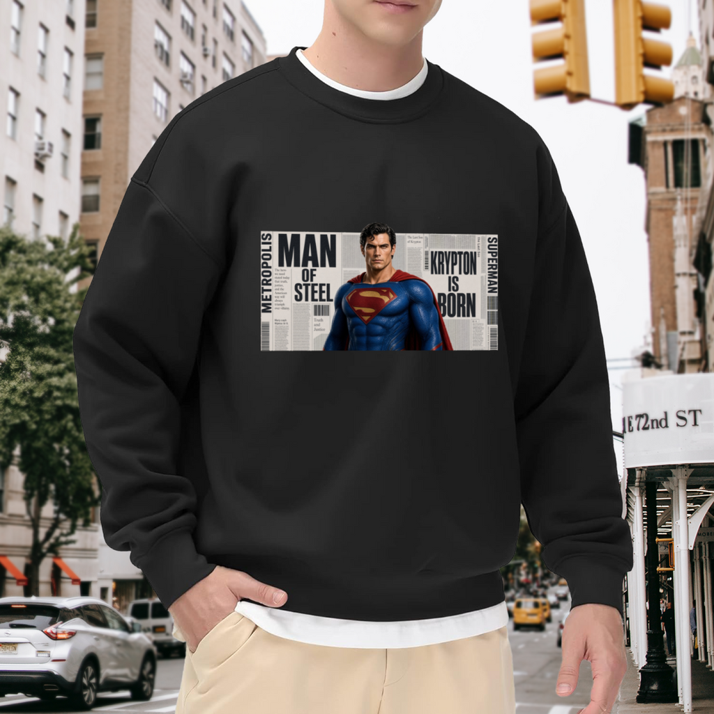 Men's crewneck sweatshirt worn outside, with the camera facing the graphic of a classic caped figure posed against a rectangular newspaper-style collage