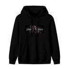 Women's hoodie photographed alone, with a laughing suited figure in a horizontal lettered panel on the front