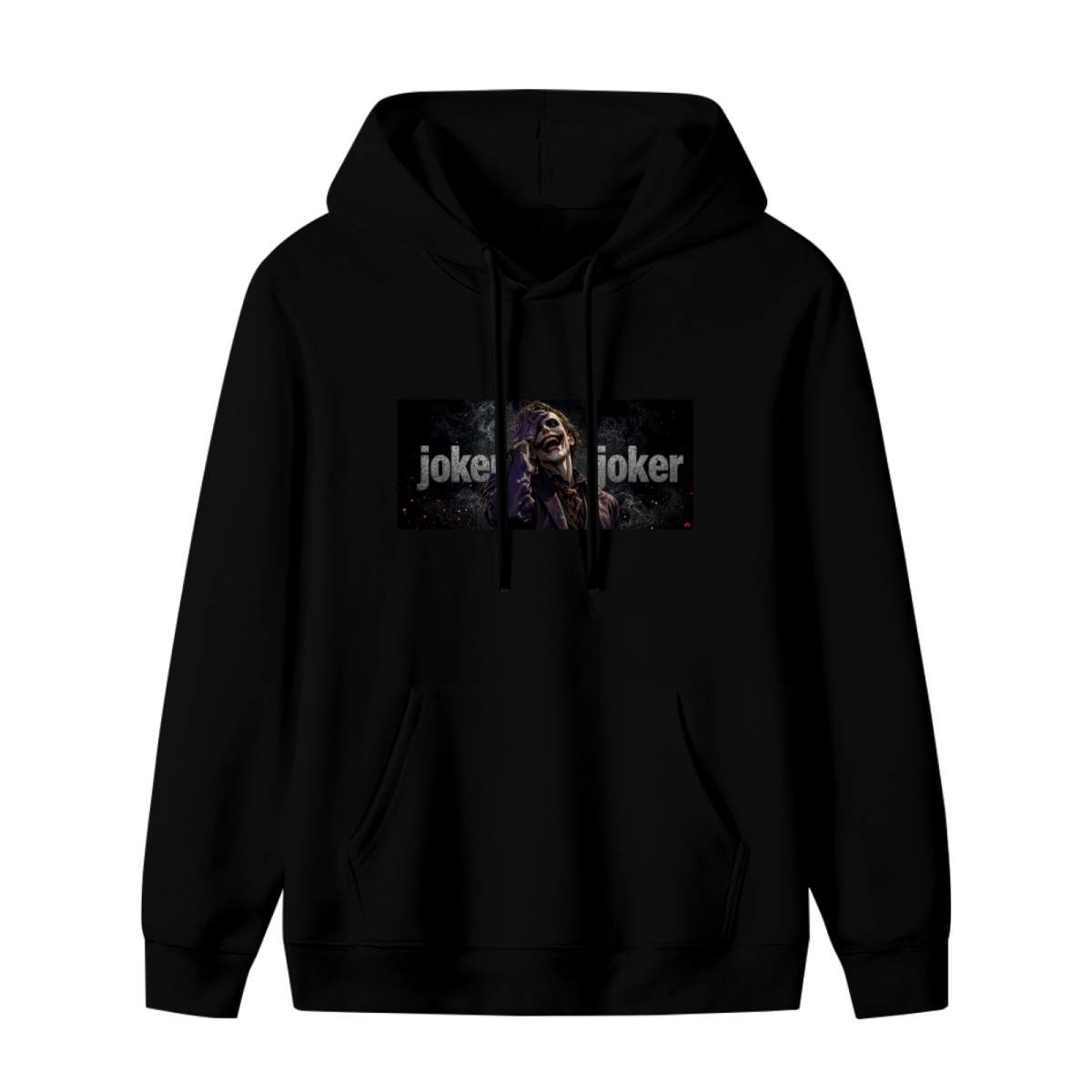 Women's hoodie photographed alone, with a laughing suited figure in a horizontal lettered panel on the front