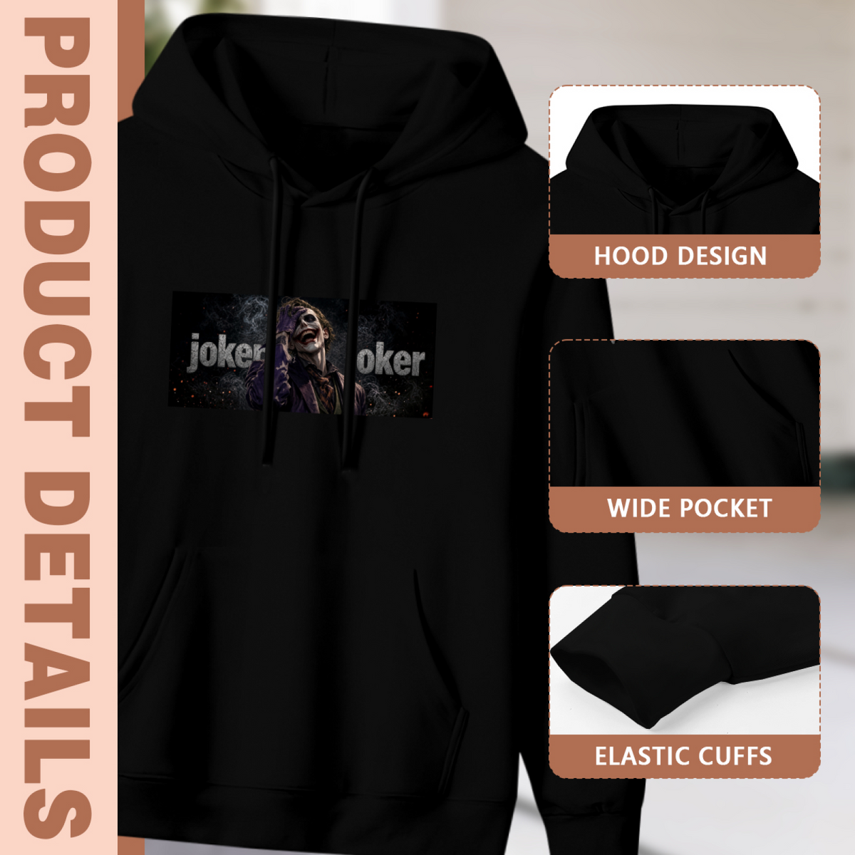 Feature collage for the women's Portrait Mid-Laugh hoodie: hood shape, pouch pocket and cuff finishing