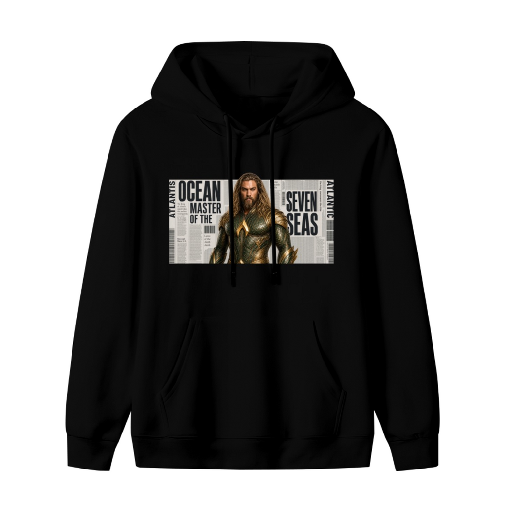 Men's hoodie photographed alone, with a long-haired ocean warrior in armor against newspaper-style lettering on the front