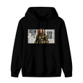 Men's hoodie photographed alone, with a long-haired ocean warrior in armor against newspaper-style lettering on the front