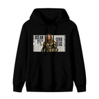 Men's hoodie photographed alone, with a long-haired ocean warrior in armor against newspaper-style lettering on the front