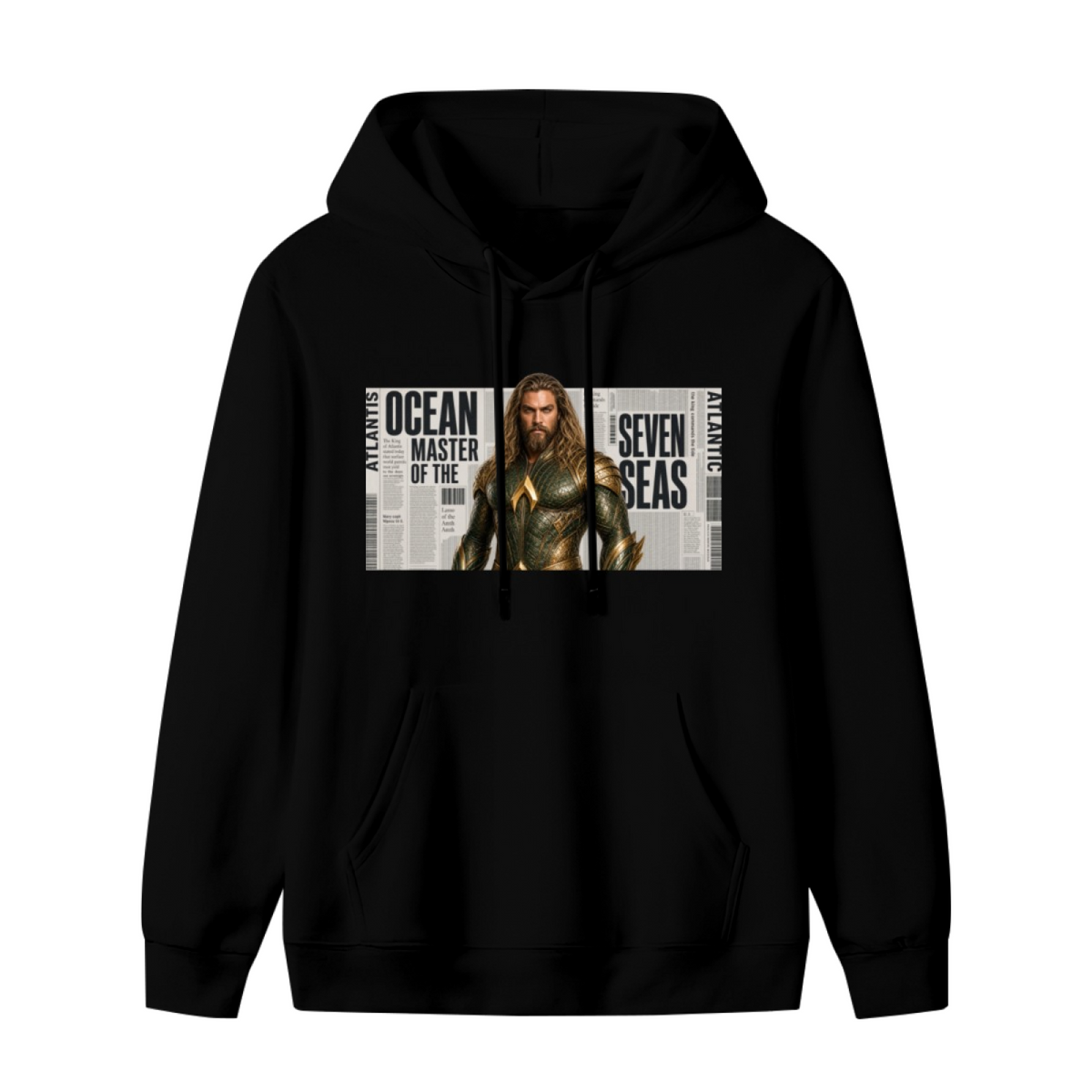 Men's hoodie photographed alone, with a long-haired ocean warrior in armor against newspaper-style lettering on the front