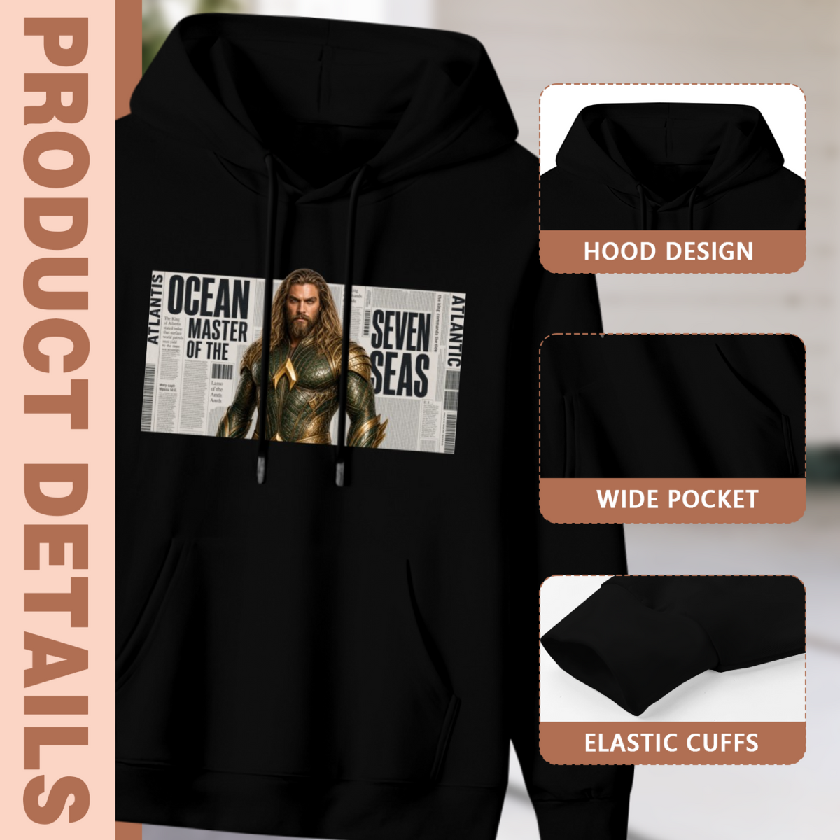 Feature collage for the men's Sea Warrior Newspaper Frame hoodie: hood shape, pouch pocket and cuff finishing