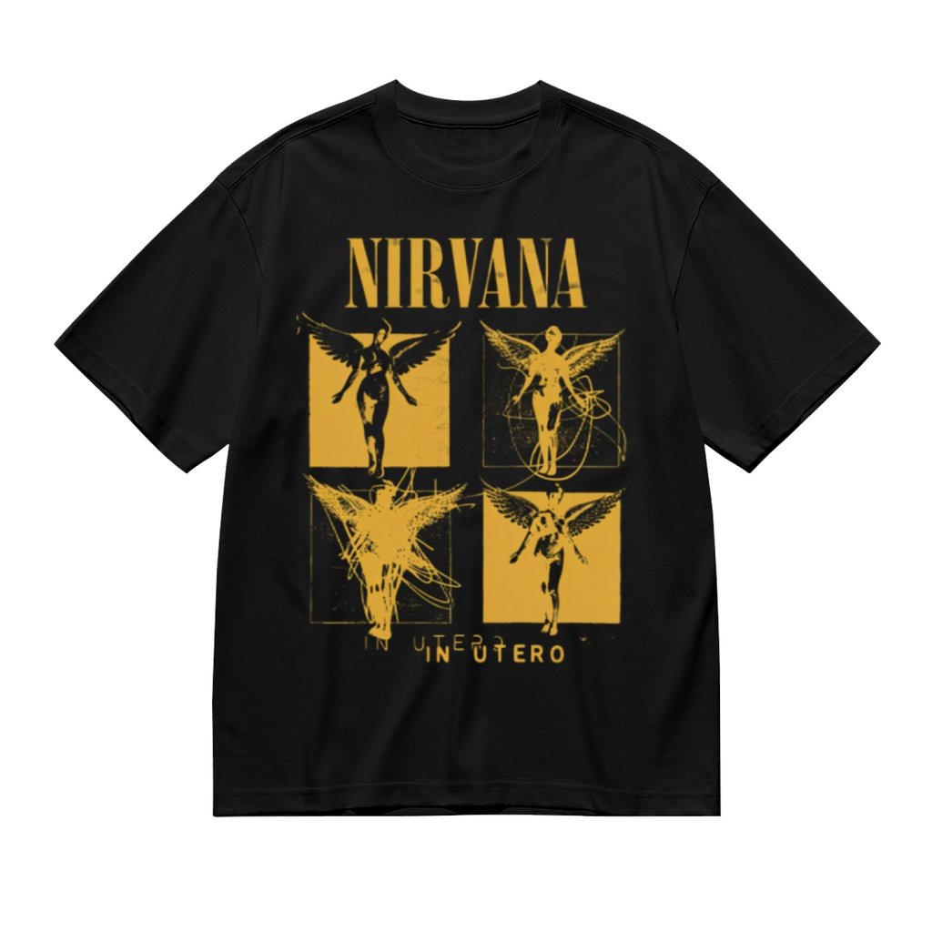Nirvana In Utero Four Panel Angel Graphic T-Shirt — product design preview of the artwork; a yellow angel image is arranged across four panels in this “In Utero” design