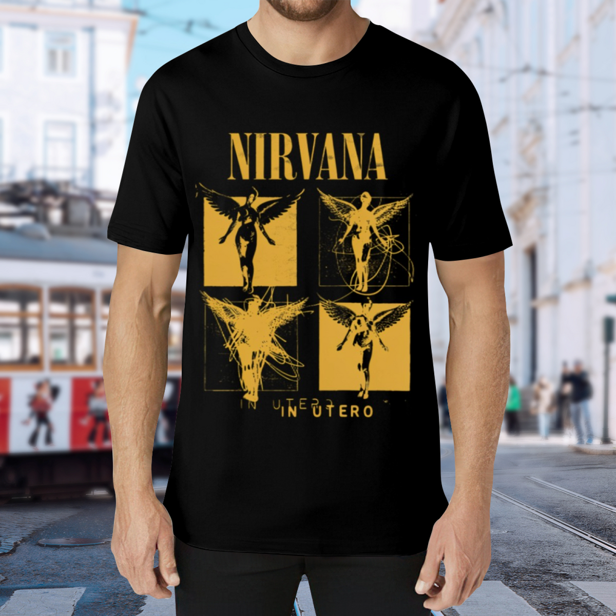 Nirvana In Utero Four Panel Angel Graphic T-Shirt — product design preview of the artwork; a yellow angel image is arranged across four panels in this “In Utero” design