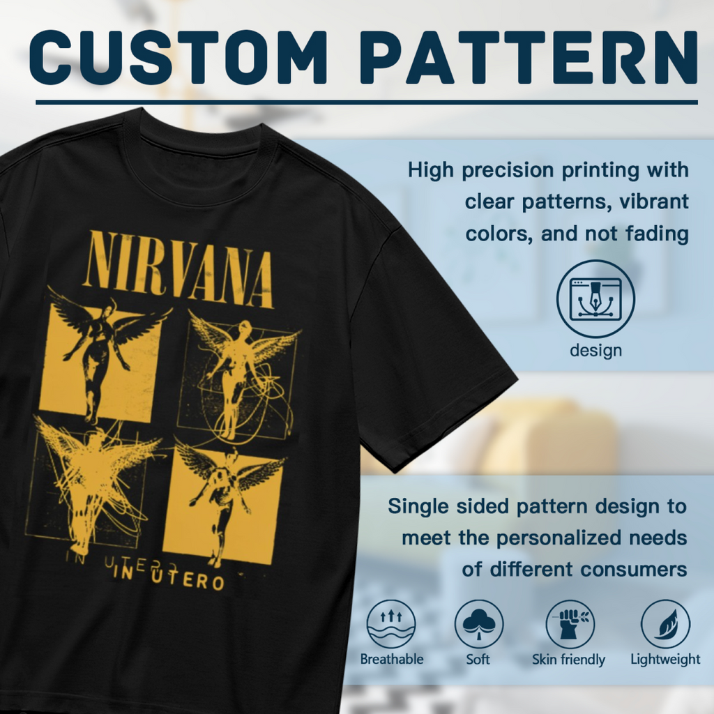 Nirvana In Utero Four Panel Angel Graphic T-Shirt — product design preview of the artwork; a yellow angel image is arranged across four panels in this “In Utero” design