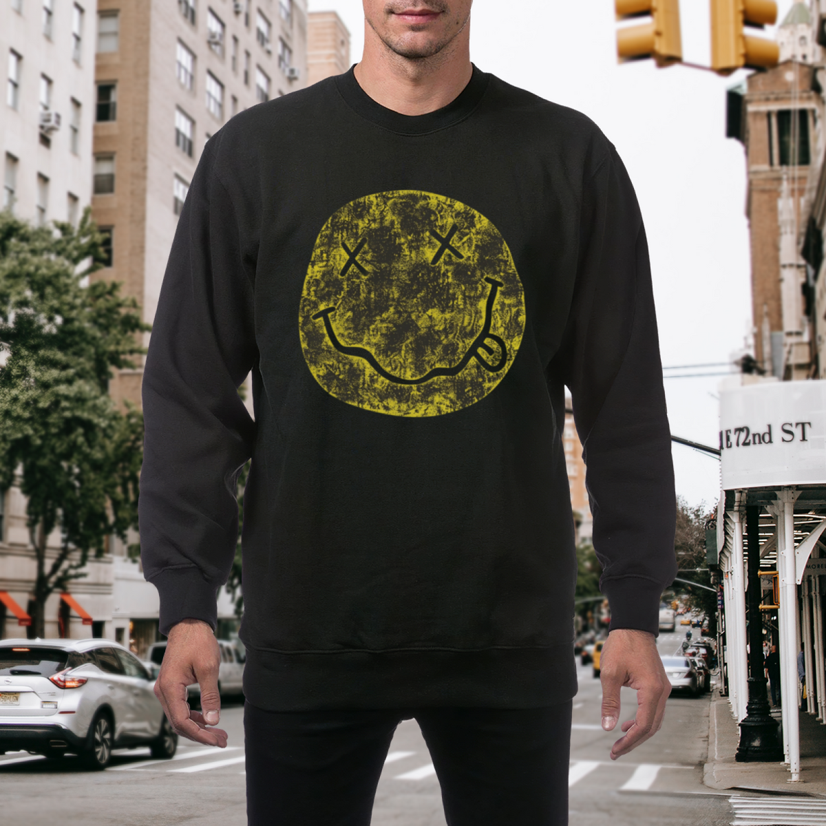 Artwork preview for Nirvana Distressed Smiley Crewneck Sweatshirt
