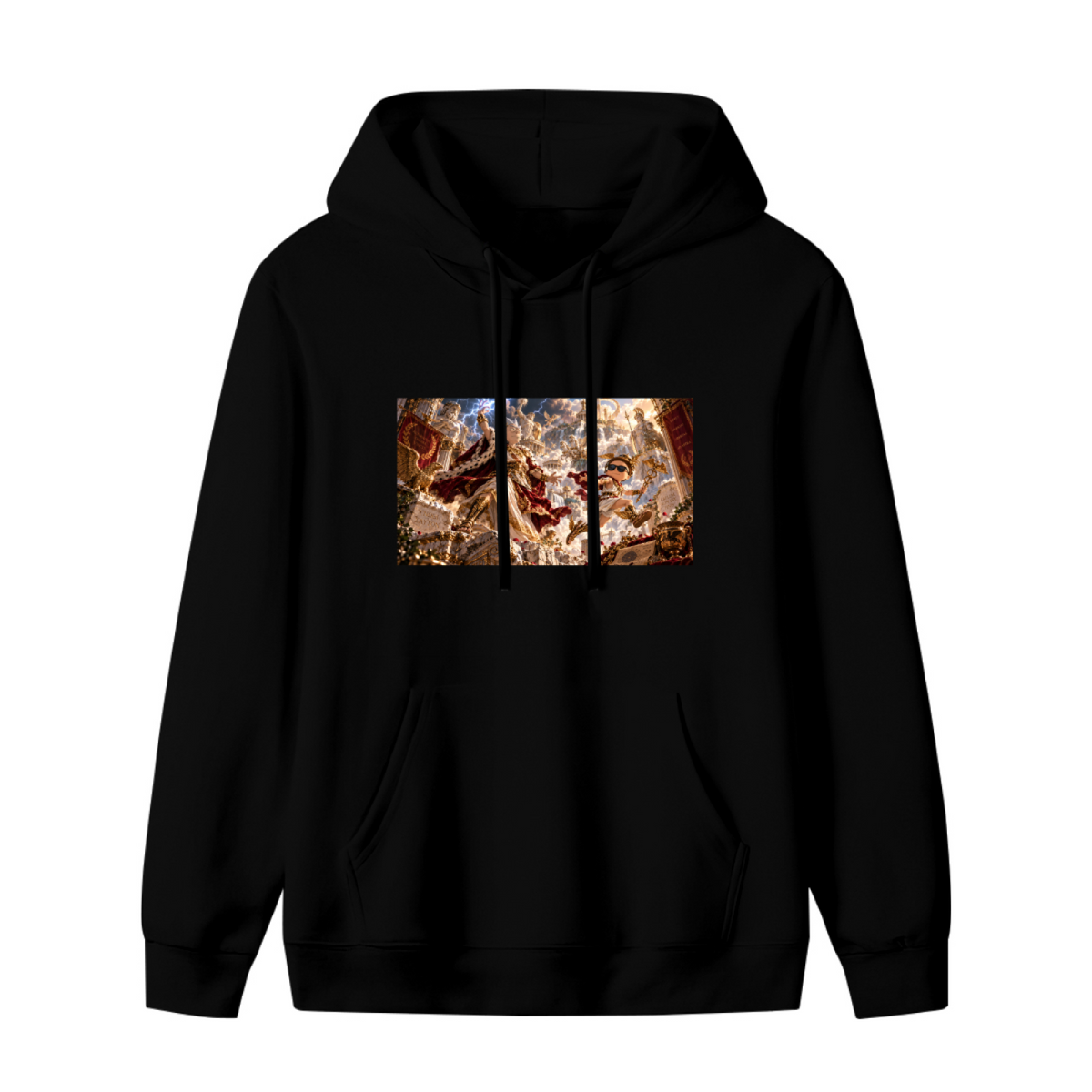 A fantasy duel amid lightning inside an ornate palace hall shown on the front of a women's hoodie in a standalone product shot