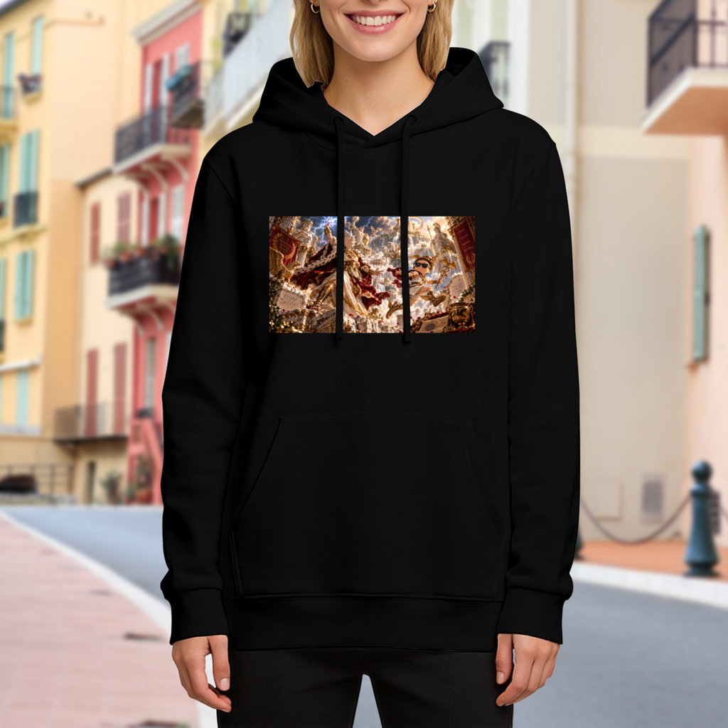 Outdoor photograph of a model in a women's hoodie bearing a fantasy duel amid lightning inside an ornate palace hall