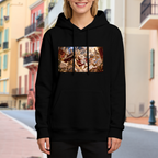 Outdoor photograph of a model in a women's hoodie bearing a fantasy duel amid lightning inside an ornate palace hall