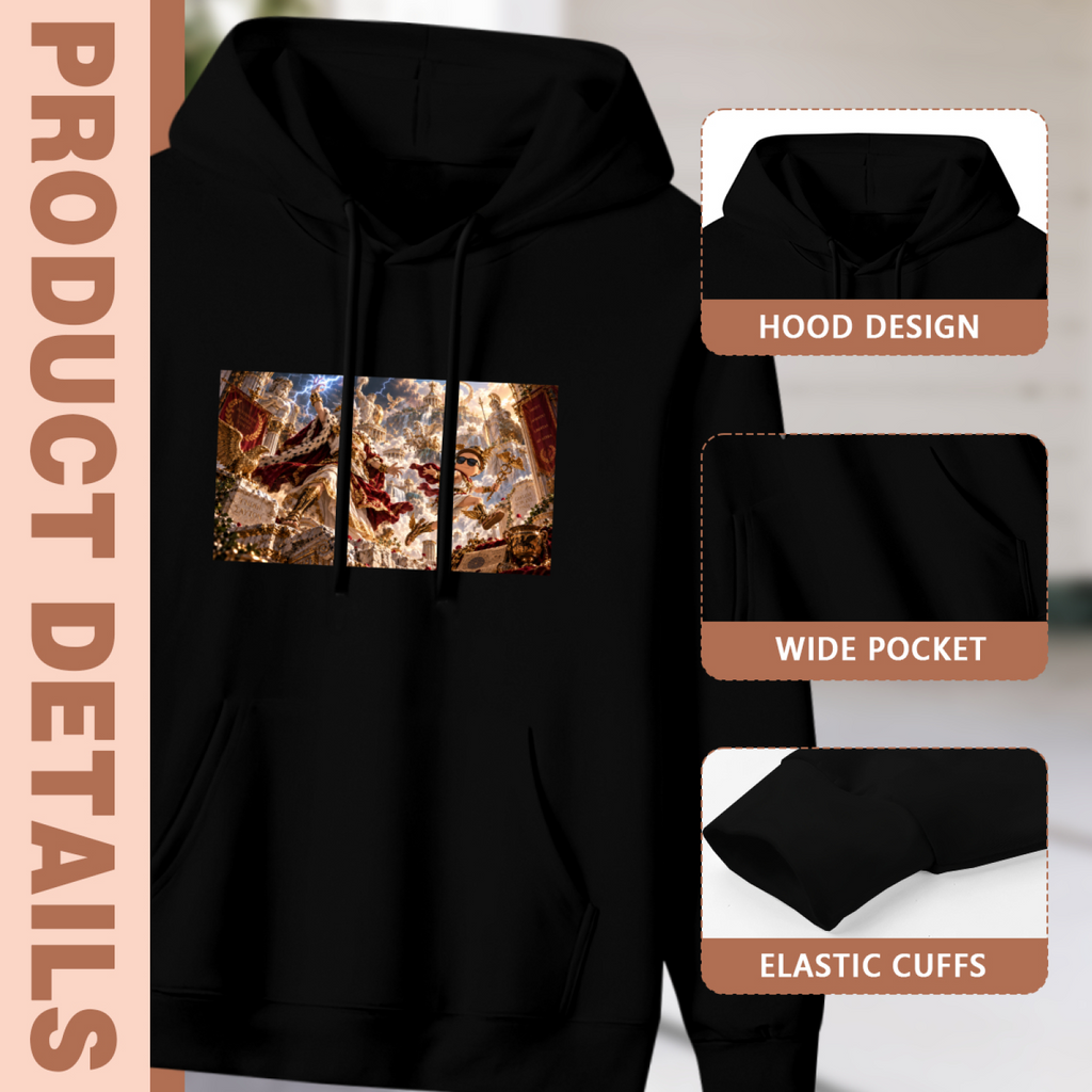 Hood, pouch pocket and sleeve-cuff detail images accompanying the women's Duel in a Lightning Palace hoodie