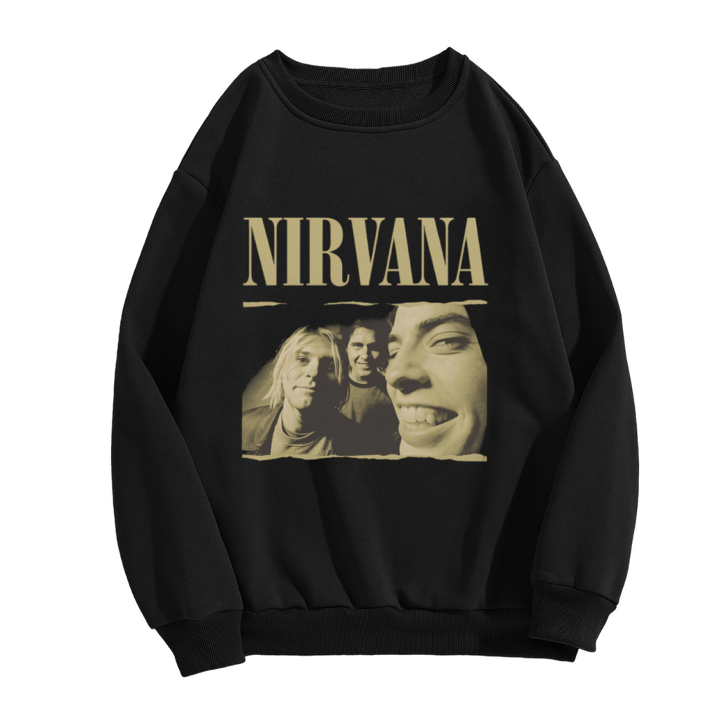 Crewneck sweatshirt product image with vintage-style Nirvana band portrait