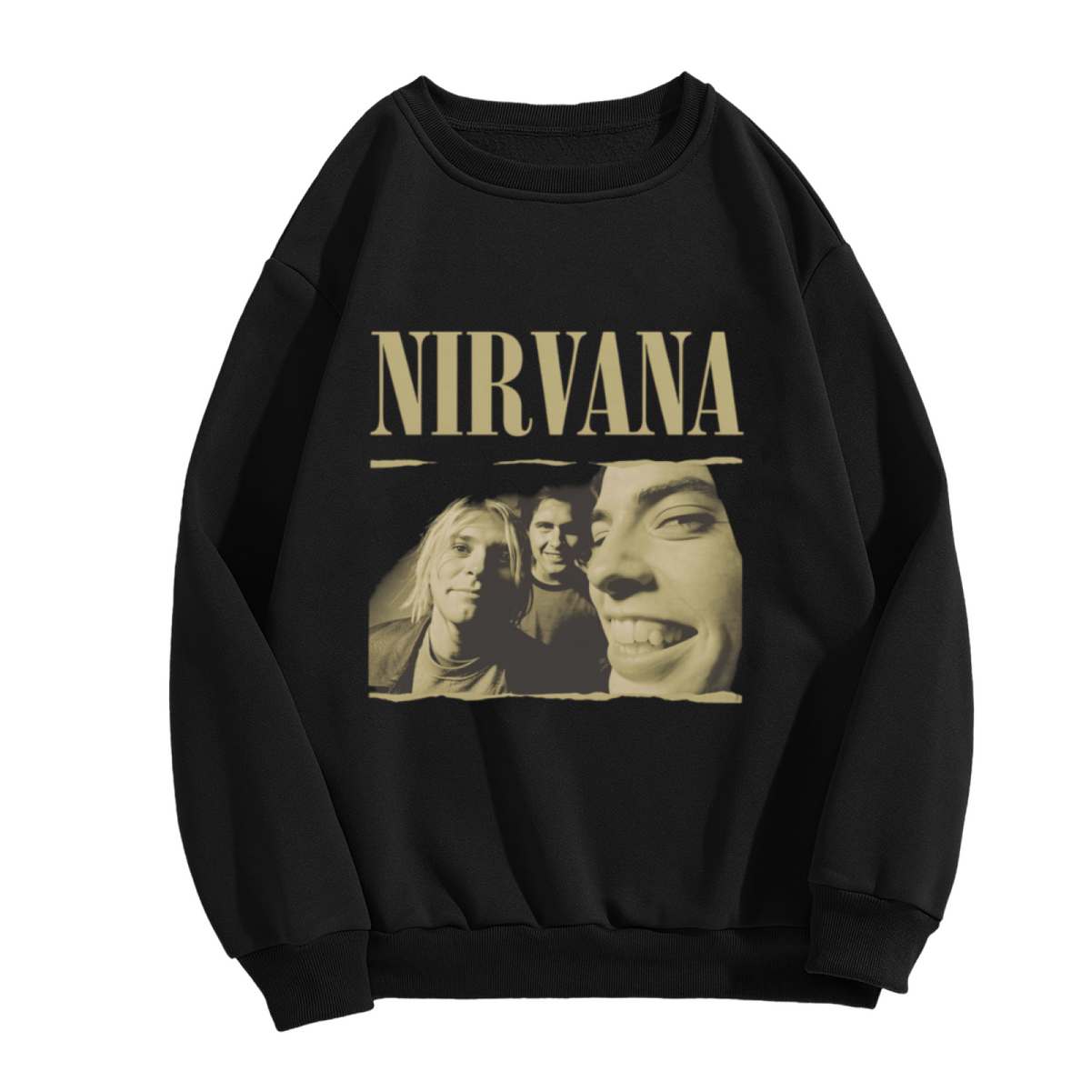 Crewneck sweatshirt product image with vintage-style Nirvana band portrait
